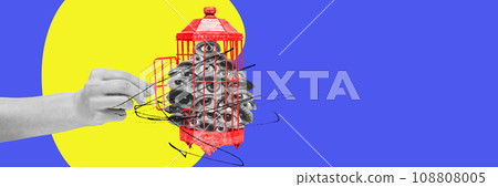 Many human eyes in cage against blue yellow background. Manipulation and pressure. Contemporary art collage. Y2k style Many human eyes in cage against blue yellow background. Manipulation and pressure. Contemporary art collage. Y2k style 108808005