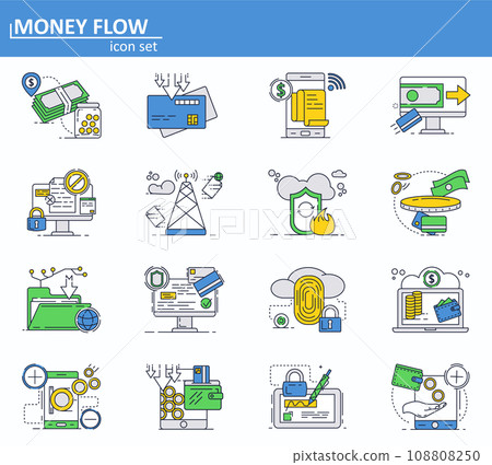 Vector set of online money payments and finance saving icons in thin line style. Secure internet credit card transaction. Website UI and mobile web app icon. Outline design illustration. 108808250