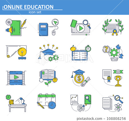 Vector set of Online education icons in thin line style. School and college online tutorials and courses. E-learning. Website UI and mobile web app icon. Outline design illustration. Vector set of Online education icons in thin line style. School and college online tutorials and courses. E-learning. Website UI and mobile web app icon. Outline design illustration. 108808256