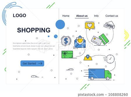 Vector web site linear art design template. Online shopping, money payment and package delivery. Landing page concepts for website and mobile development. Modern flat illustration. 108808260