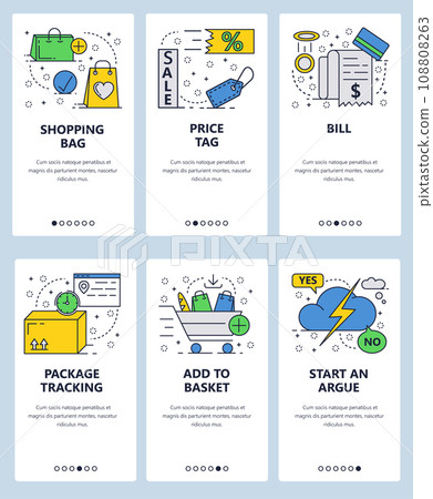 Vector web site linear art onboarding screens template. Shopping and delivery, price tag, bill, basket. Menu banners for website and mobile app development. Modern design flat illustration. Vector web site linear art onboarding screens template. Shopping and delivery, price tag, bill, basket. Menu banners for website and mobile app development. Modern design flat illustration. 108808263