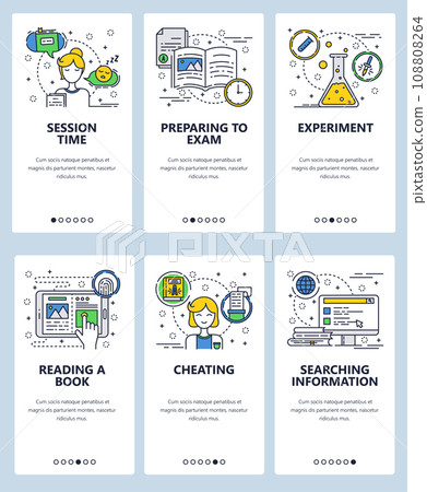 Vector web site linear art onboarding screens template. Preparing to exam in college. Reading online book. Menu banners for website and mobile app development. Modern design flat illustration. 108808264