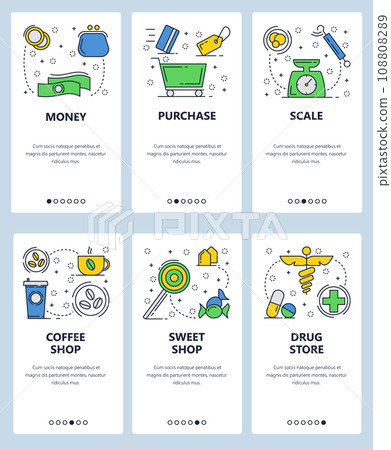 Vector web site linear art onboarding screens template. Shopping and money icons, drug store, candy and coffee. Menu banners for website and mobile app development. Modern design flat illustration. Vector web site linear art onboarding screens template. Shopping and money icons, drug store, candy and coffee. Menu banners for website and mobile app development. Modern design flat illustration. 108808289