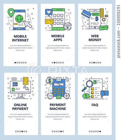 Vector web site linear art onboarding screens template. Mobile apps and internet online money payments. Menu banners for website and mobile app development. Modern design flat illustration. Vector web site linear art onboarding screens template. Mobile apps and internet online money payments. Menu banners for website and mobile app development. Modern design flat illustration. 108808291