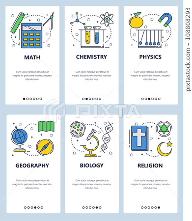 Vector web site linear art onboarding screens template. School subjects, math, physics, biology, chemisty, biology. Menu banners for website and mobile app development. Modern design flat 108808293