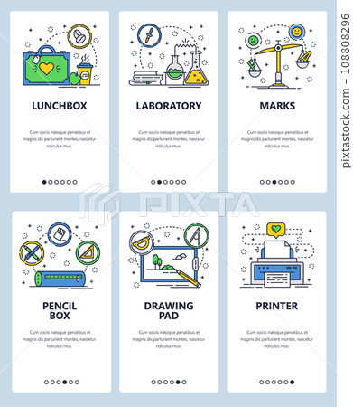 Vector web site linear art onboarding screens template. School accessories and icons. Chemistry lab, test grades, printer. Menu banners for website and mobile app development. Modern design flat Vector web site linear art onboarding screens template. School accessories and icons. Chemistry lab, test grades, printer. Menu banners for website and mobile app development. Modern design flat 108808296