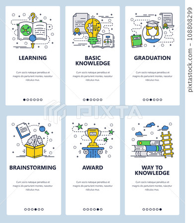Vector web site linear art onboarding screens template. Education and thinking out of the box. Learning, readng books and getting new knowledge. Menu banners for website and mobile app development. 108808299