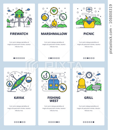 Vector web site linear art onboarding screens template. Outdoor camping, picnic and sport activities icons. Fishing, kayaking. Menu banners for website and mobile app development. Modern design flat Vector web site linear art onboarding screens template. Outdoor camping, picnic and sport activities icons. Fishing, kayaking. Menu banners for website and mobile app development. Modern design flat 108808319