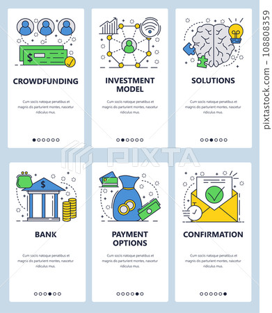 Vector web site linear art onboarding screens template. Crowdfunding and investment model. Bank and money payment options. Menu banners for website and mobile app development. Modern design flat 108808359