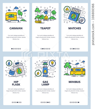 Vector web site linear art onboarding screens template. Outdoor camping and travel by camper caravan car. Menu banners for website and mobile app development. Modern design flat illustration. Vector web site linear art onboarding screens template. Outdoor camping and travel by camper caravan car. Menu banners for website and mobile app development. Modern design flat illustration. 108808366