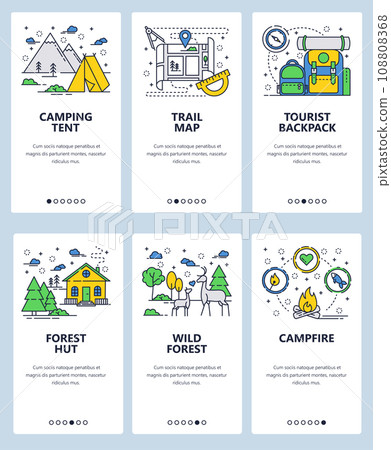 Vector web site linear art onboarding screens template. Outdoor camping and hiking travel. Backpack, campfire, forest trail. Menu banners for website and mobile app development. Modern design flat Vector web site linear art onboarding screens template. Outdoor camping and hiking travel. Backpack, campfire, forest trail. Menu banners for website and mobile app development. Modern design flat 108808368