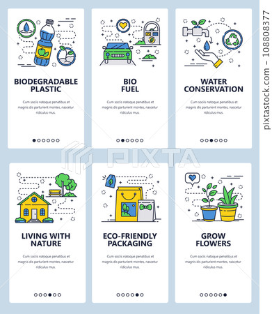 Vector web site linear art onboarding screens template. Ecology and recycle concept. Bio fuel and biodegradable plastic. Menu banners for website and mobile app development. Modern design flat 108808377