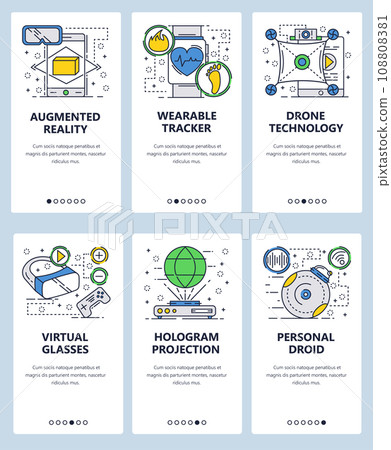Vector web site linear art onboarding screens template. Augmented virtual reality and VR games. Wearable gadgets and drone technology. Menu banners for website and mobile app development. Modern 108808381