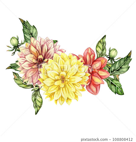 Watercolor dahlia flowers composition. Hand drawn illustration of a blooming flower garden. Design for baby shower party, birthday, cake, holiday celebration design, posters,greetings card,invitation. Watercolor dahlia flowers composition. Hand drawn illustration of a blooming flower garden. Design for baby shower party, birthday, cake, holiday celebration design, posters,greetings card,invitation. 108808412