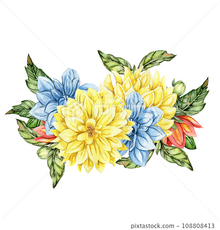 Watercolor dahlia flowers composition. Hand drawn illustration of a blooming flower garden. Design for baby shower party, birthday, cake, holiday celebration design, posters,greetings card,invitation. 108808413