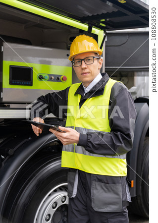 Worker with digital tablet operating construction machine equipment. 108808530