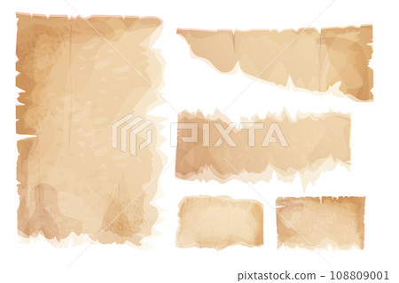 Set parchment paper, torn pieces, old sheets in cartoon style, textured empty notes isolated on white background. Game ui elements Set parchment paper, torn pieces, old sheets in cartoon style, textured empty notes isolated on white background. Game ui elements 108809001