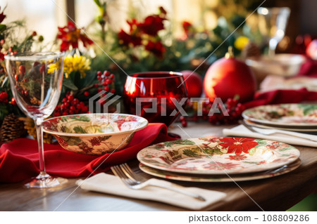 Festive dining table set for Christmas dinner. Holiday decorations, wine glasses and tableware. Generative AI Festive dining table set for Christmas dinner. Holiday decorations, wine glasses and tableware. Generative AI 108809286
