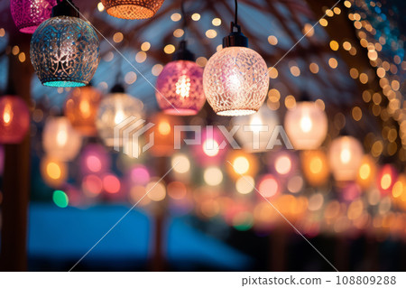 Colorful Christmas decorations and glass lanterns on a Christmas market. Generative AI Colorful Christmas decorations and glass lanterns on a Christmas market. Generative AI 108809288