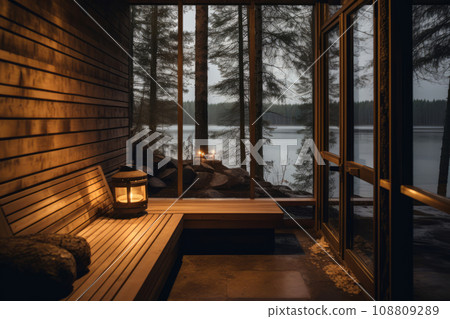 Interior of sauna with hot steam. Wooden benches and loungers accessories for sauna, spa complex. Generative AI 108809289