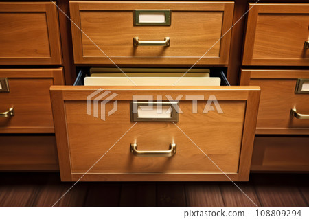 File cabinet with a wide open drawer full of files. Generative AI File cabinet with a wide open drawer full of files. Generative AI 108809294