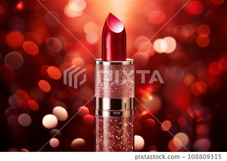 Glamorous red lipstick tube on sparkling holiday background. Generative AI 108809315