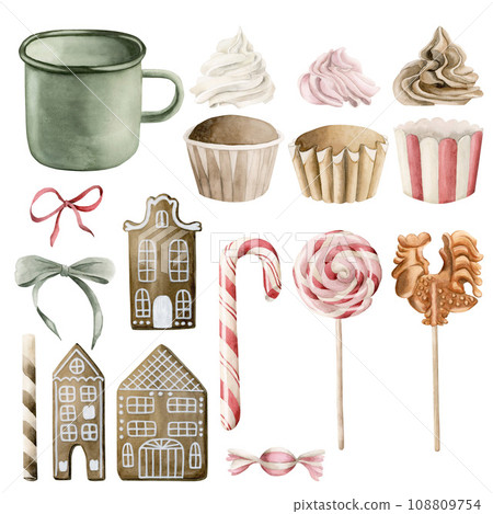 Christmas candy set: cupcakes, coocies, gingerbread houses, lollipop, waffle stick, mug, bows. Watercolor illustration isolated on white background for winter holiday design. Christmas candy set: cupcakes, coocies, gingerbread houses, lollipop, waffle stick, mug, bows. Watercolor illustration isolated on white background for winter holiday design. 108809754