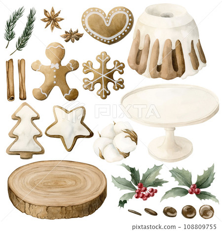 Christmas candy set: cake with glaze, gingerbread coocies, cinnamon sticks, stars anise, chocolate drops, pine branches, cotton, hollyberry. Watercolor illustration isolated on white background for wi 108809755