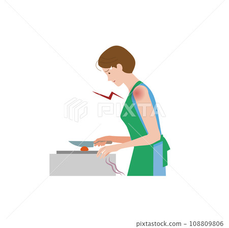 一位女士因肩周炎、四十肩、肩周炎、肩周炎而煮飯時肩膀疼痛。 108809806