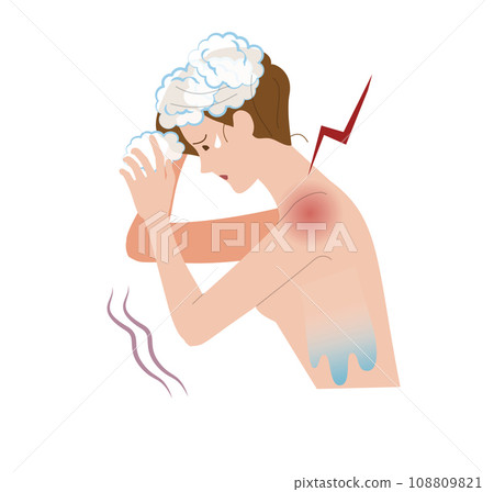A woman whose shoulder hurts due to frozen shoulder, frozen shoulder, frozen shoulder, and periarthritis and cannot wash her hair. 108809821