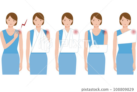 A woman with shoulder pain due to frozen shoulder, forty shoulder, frozen shoulder, or periarthritis hangs her arm with a triangular cloth, etc. A woman with shoulder pain due to frozen shoulder, forty shoulder, frozen shoulder, or periarthritis hangs her arm with a triangular cloth, etc. 108809829
