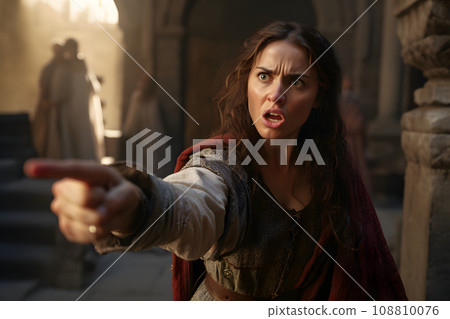 Medieval young adult woman points finger, neural network generated image 108810076