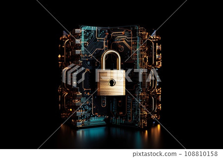 Padlock in front of microchips on black background with copy space. Cyber security concept. AI generated. Padlock in front of microchips on black background with copy space. Cyber security concept. AI generated. 108810158