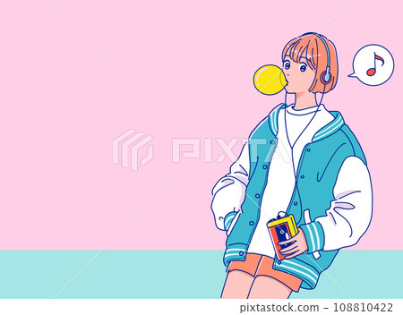 復古流行女孩在隨身聽上聽音樂 108810422