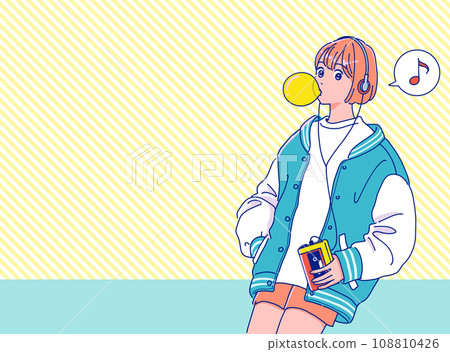 復古流行女孩在隨身聽上聽音樂 108810426