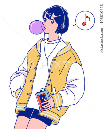 Retro pop girl listening to music on Walkman 108810428