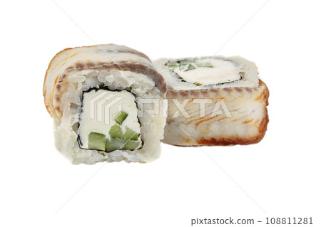 Sushi closeup isolated on white background. Sushi roll with white fish, eel, rice, Philadelphia cheese and cucumber. Japanese restaurant menu. Sushi closeup isolated on white background. Sushi roll with white fish, eel, rice, Philadelphia cheese and cucumber. Japanese restaurant menu. 108811281