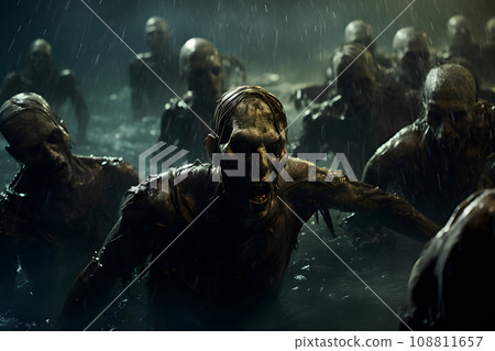 group of zombies in water at rainy night, neural network generated photorealistic image 108811657