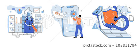 Data protection. Vector illustration. Safety measures are implemented to safeguard digital assets Banners raise awareness about importance datprotection Systems and software are designed to enhance 108811794