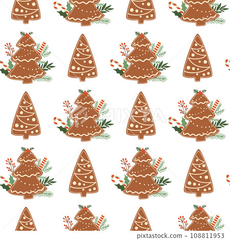 Christmas baking pattern with gingerbread Christmas tree cookies, candy cane. Vector sweet dessert. Christmas baking pattern with gingerbread Christmas tree cookies, candy cane. Vector sweet dessert. 108811953