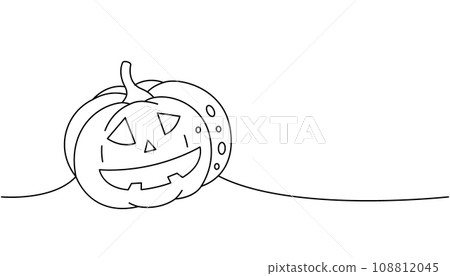 Pumpkin with scary face, autumn vegetable one line continuous drawing. Halloween scary pumpkin continuous one line illustration. Vector illustration. 108812045