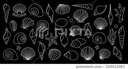 Underwater shells set. Tropical underwater shells. Freshwater algae, corals, starfish, sea mollusks, scallop, pearls. Vector illustration. 108812061