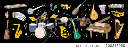 Set of musical instruments. Musical school banner. Tuba, trumpet, drum flute, french horn, lute, violin, electric bass guitar, acoustic guitar. 108812068