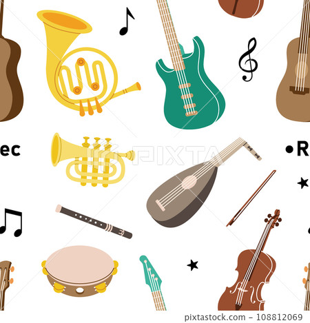 Musical instruments seamless background. Tuba, trumpet, drum flute, french horn, violin, electric bass guitar. Colored musical instruments pattern Musical instruments seamless background. Tuba, trumpet, drum flute, french horn, violin, electric bass guitar. Colored musical instruments pattern 108812069