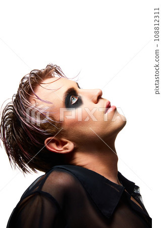 Portrait of young extraordinary man with makeup, smoky eyes and pink hair posing isolated on white studio background 108812311