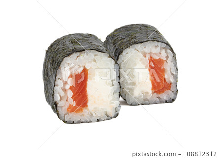 Sushi closeup isolated on white background. Nori seaweed sushi with trout rice and Philadelphia cheese. 108812312