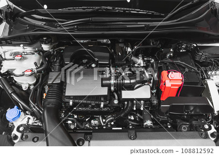 Gasoline fuel car engine underhood open front hood closeup clean new Gasoline fuel car engine underhood open front hood closeup clean new 108812592