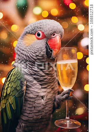 Cute funny parrot with holiday Christmas lights on background. Happy colorful parrot with a glass of champagne celebrating the new year. Cute funny parrot with holiday Christmas lights on background. Happy colorful parrot with a glass of champagne celebrating the new year. 108812718
