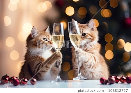 Two cute cats next to a glass of champagne in the background of Christmas decorations. Fluffy cats with cozy Christmas lights in the background. 108812737