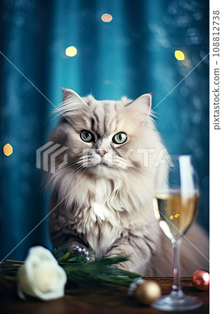 Fluffy cat next to a glass of champagne on the background of Christmas decorations. Cute cat with cozy Christmas lights on background. 108812738